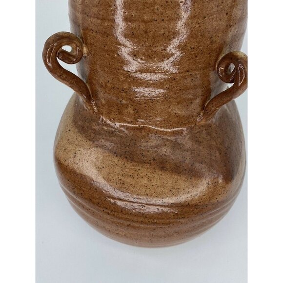 Handmade Art Pottery Vase Vintage 2001 Signed 4‎ Handled Milk Jug 9” Brown Tan - Picture 9 of 12
